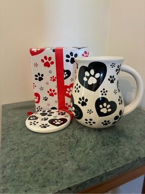 Temp-Tations Black and White Pawfetti Ceramic Mug with Coaster